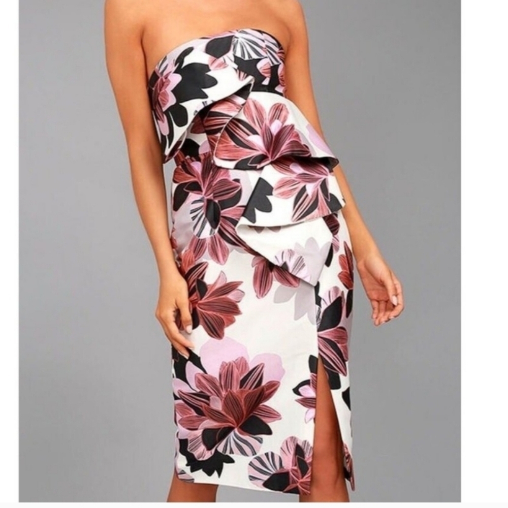 KEEPSAKE white floral Strapless Sheath Dress with Slit